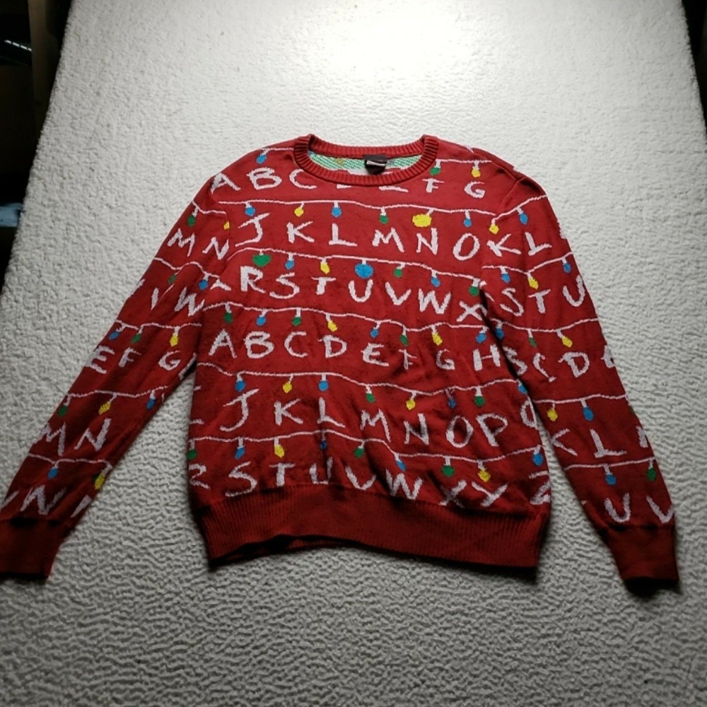 Stranger Things Sweater Mens XL Red Alphabet Lights Christmas Crewneck Pullover
